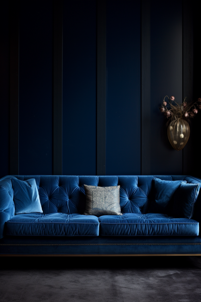 Creating visual harmony, a blue velvet sofa adds a touch of elegance to a dark room.