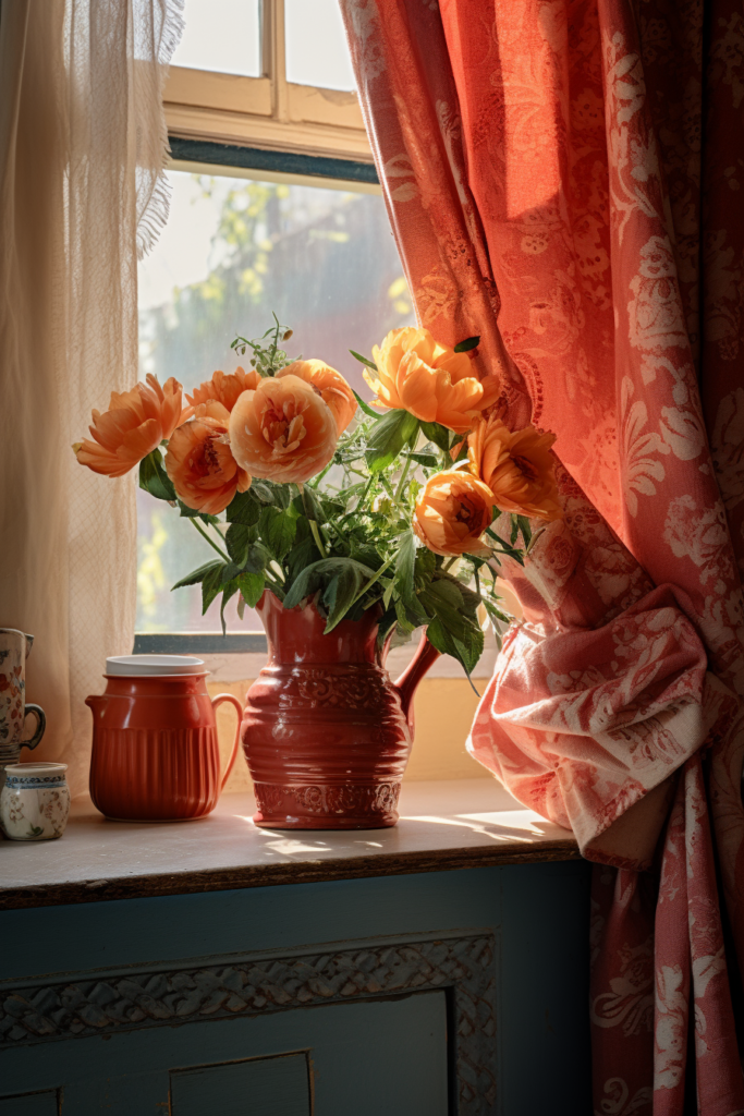 Orange flowers in a red vase on a window sill, creating visual harmony.