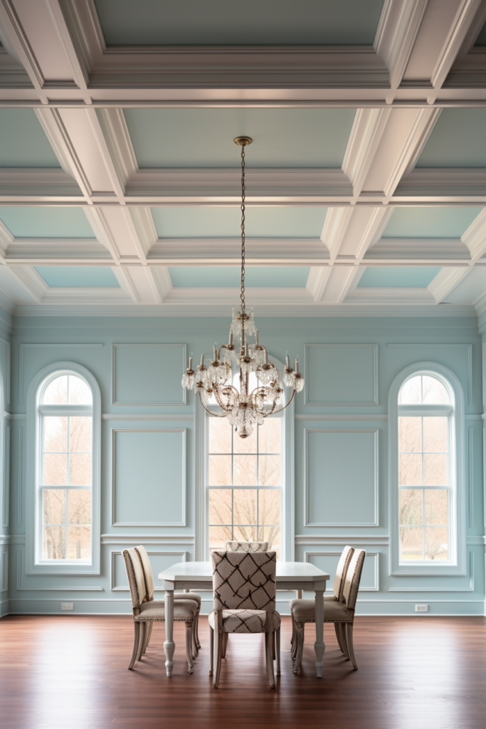A dining room creating visual harmony with blue walls and a chandelier.