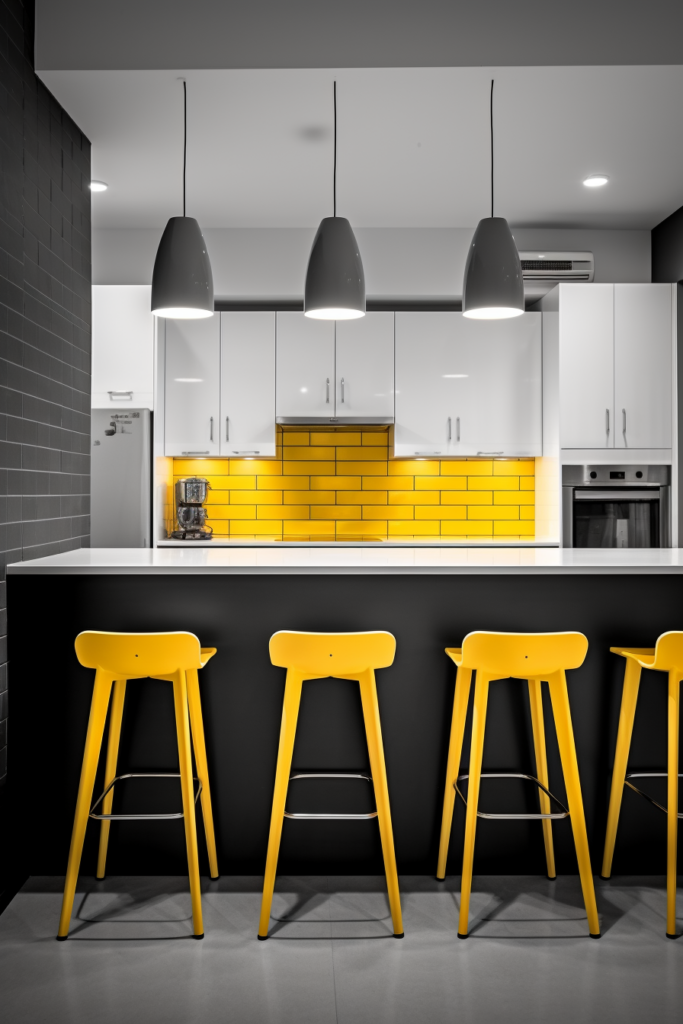 A visually harmonious black and white kitchen with stunning interiors and yellow stools.