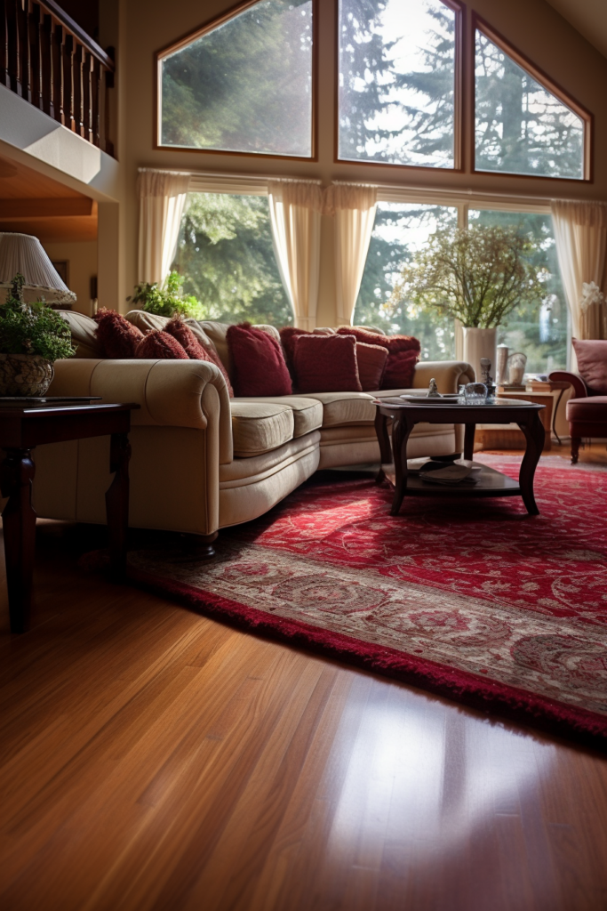 A living room with a red rug placed on the hardwood floors.