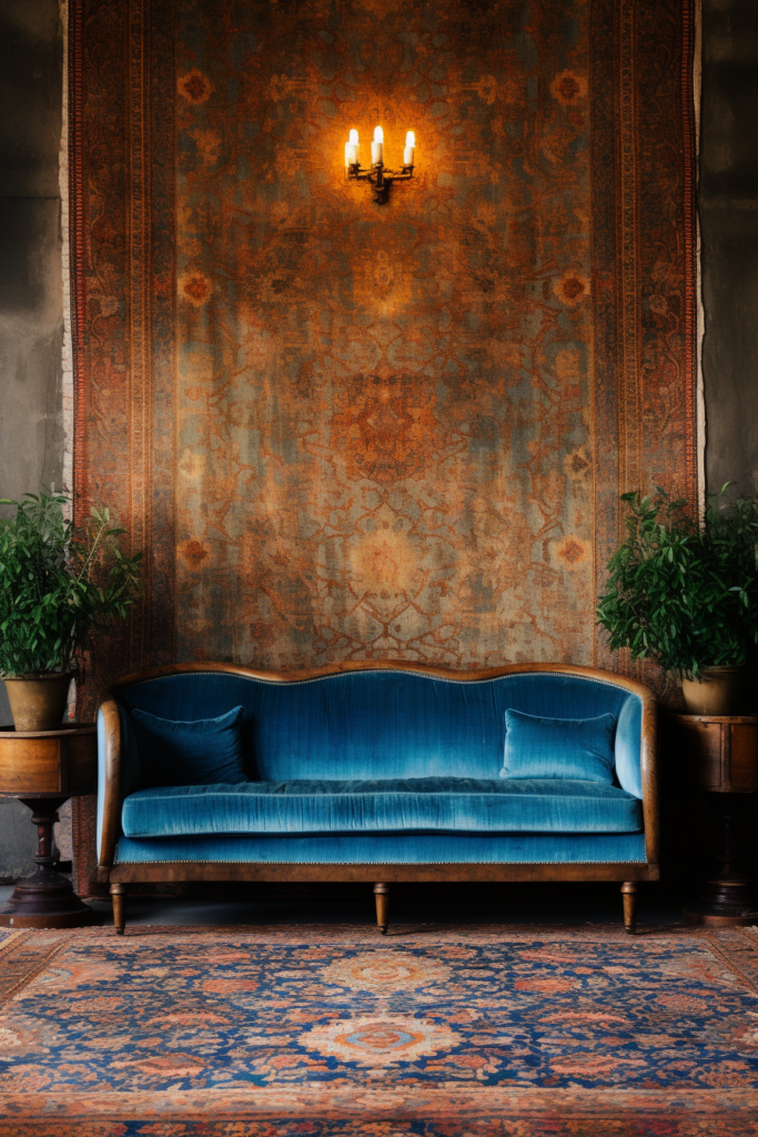 A blue couch of size placed in front of an ornate wall.