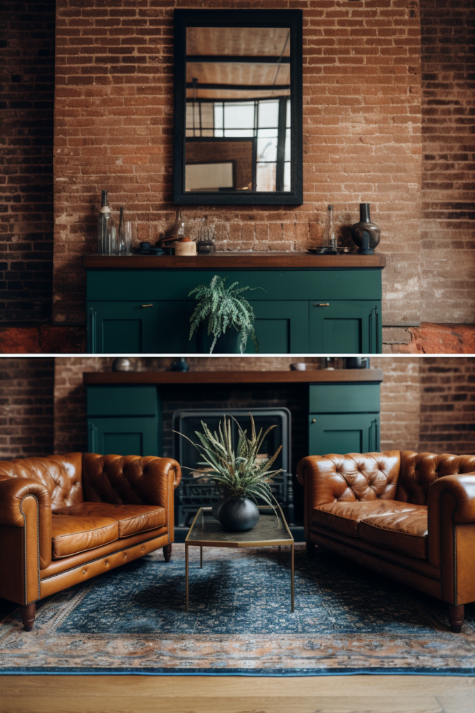 Two pictures showcasing the placement and size of brown leather furniture in a living room, complemented by a fireplace.