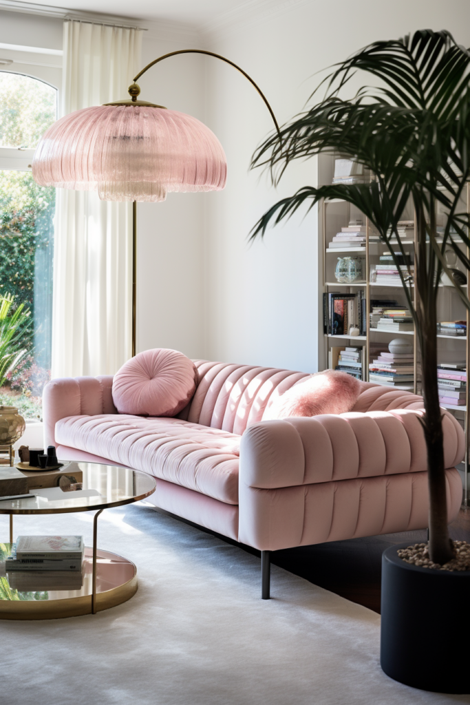 A pink velvet sofa in a long and narrow living dining room.
