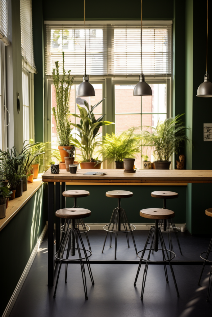 A room with green walls and a table with stools, perfect for narrow living dining rooms.
