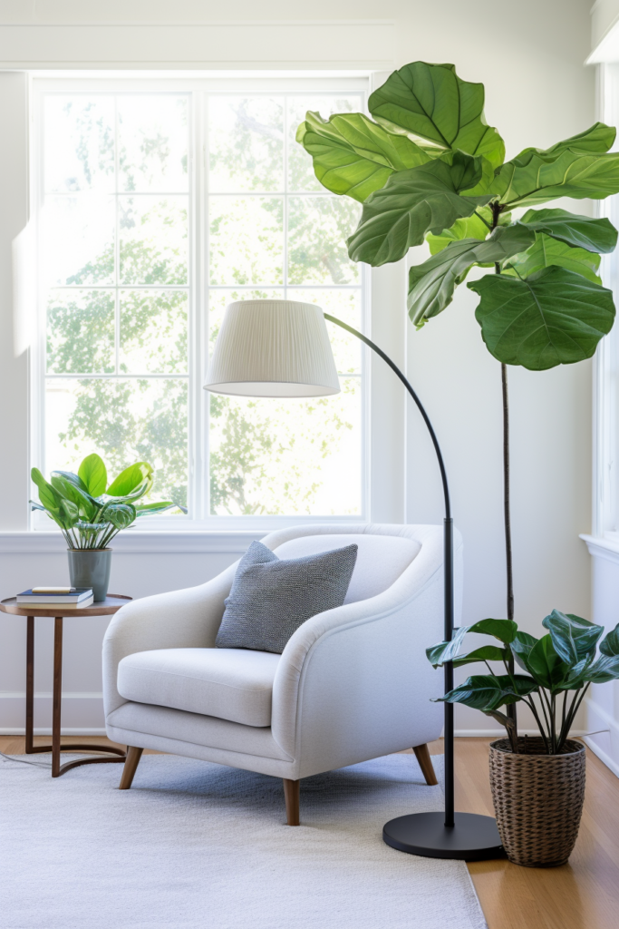 A living room with a large plant in front of a window in a long and narrow layout.