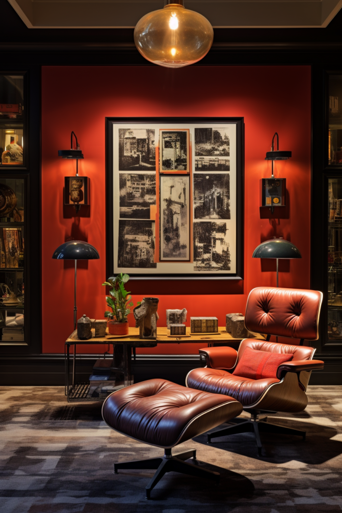 A living room with a statement wall mural and a leather chair.