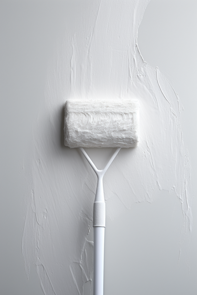 A white paint roller applying textured wall treatments, creating visual interest on a white wall.
