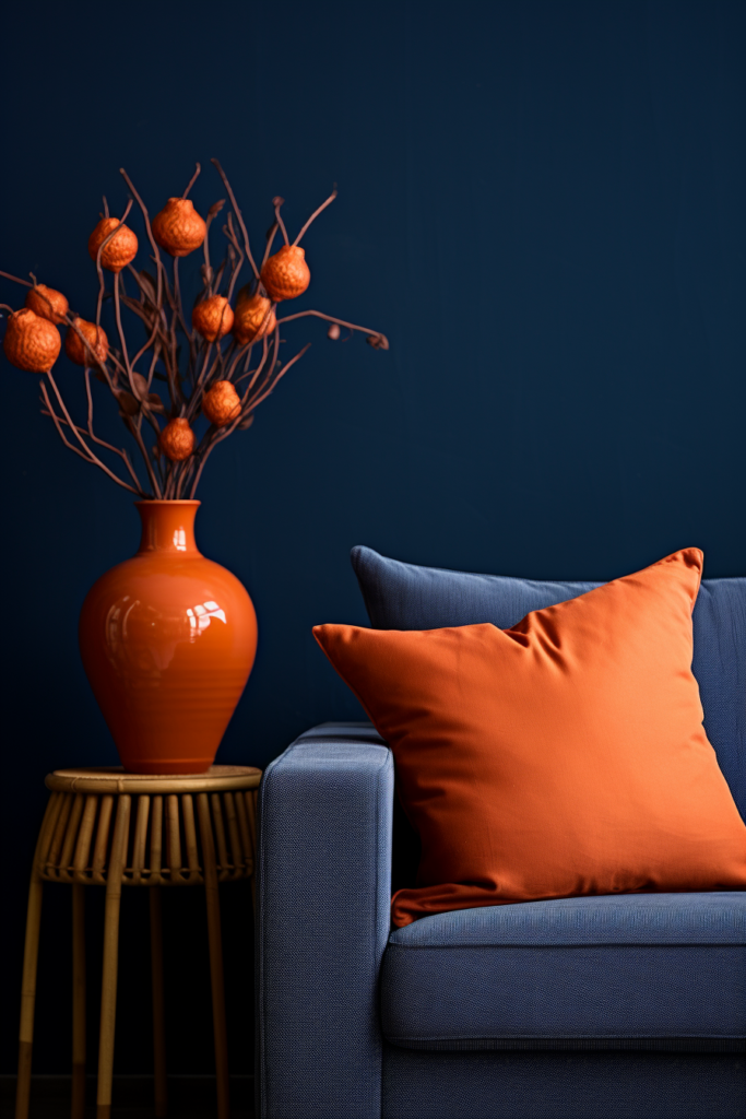 A blue couch in a living room, harmonizing with two other colors to form a triadic color scheme.