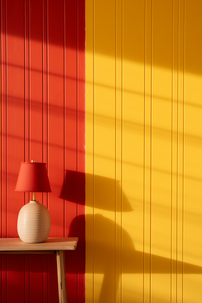A lamp on a table in front of a harmoniously triadic-colored wall.