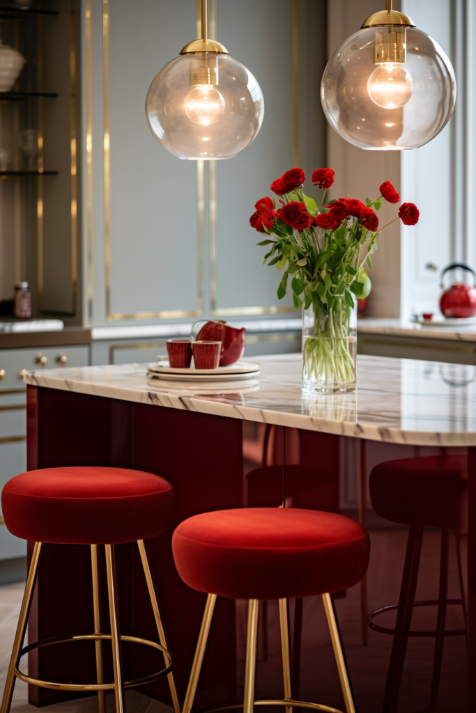 A kitchen with a vibrant red island and coordinating stools that harmonize perfectly with the surrounding colors.