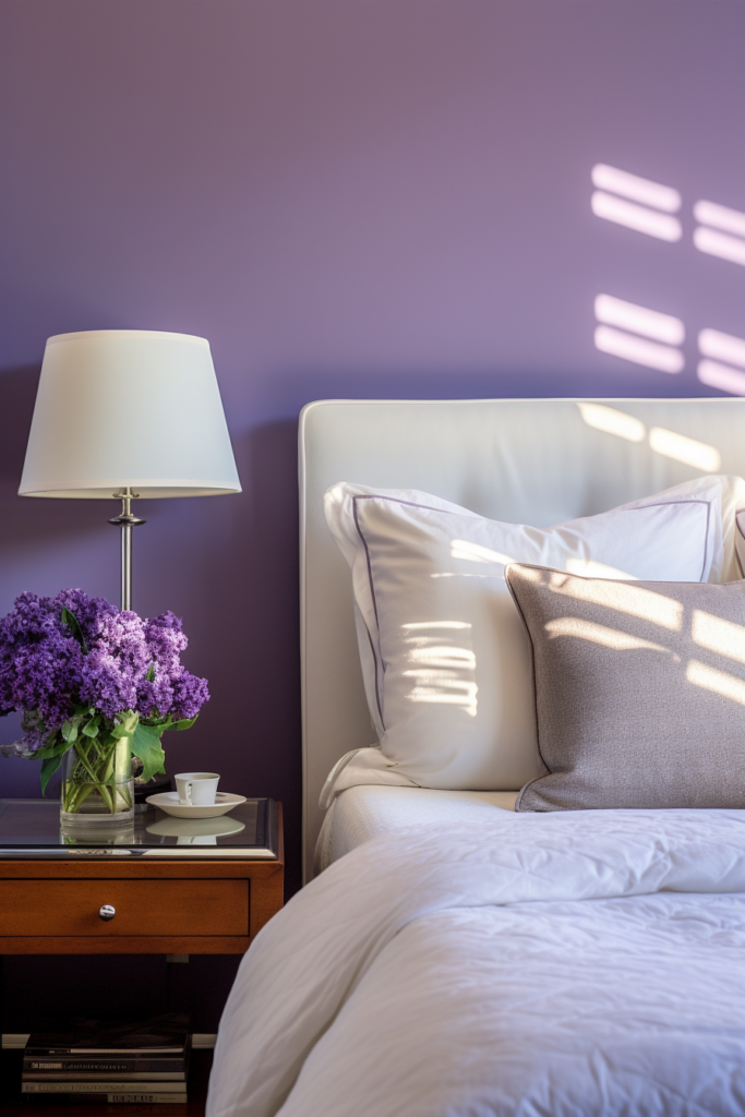 A bedroom with purple walls and a white bed that harmonizes through triadic color schemes using three colors.