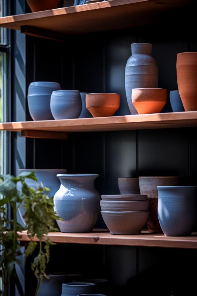 Colorful pots and bowls on a shelf in a room.
