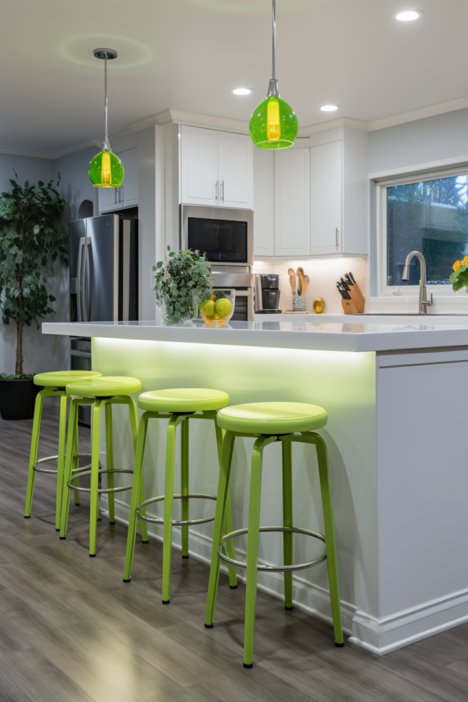 A harmonized kitchen with a triadic color scheme featuring white cabinets and green stools.