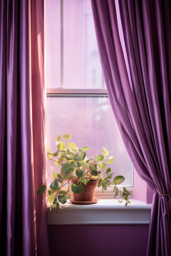 A window with purple curtains and a potted indoor plant.