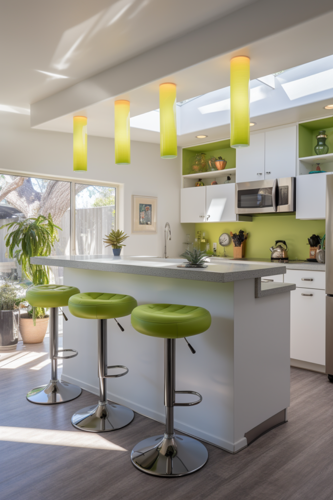 A white kitchen with triadic colors that harmonize with green stools.
