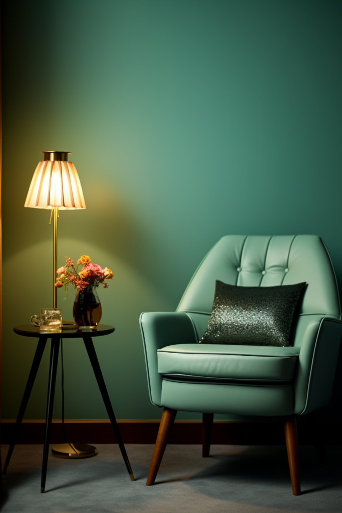 A chair and a lamp in a room with a triadic color scheme, harmonizing three colors.