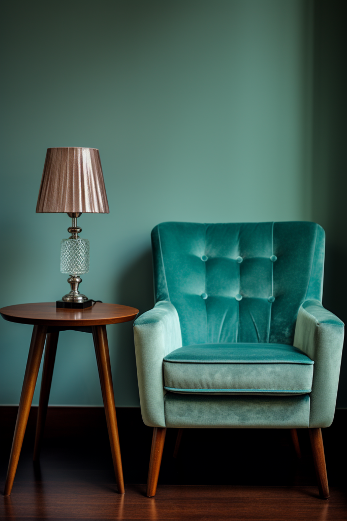 A teal chair harmonizing with a lamp in a room.