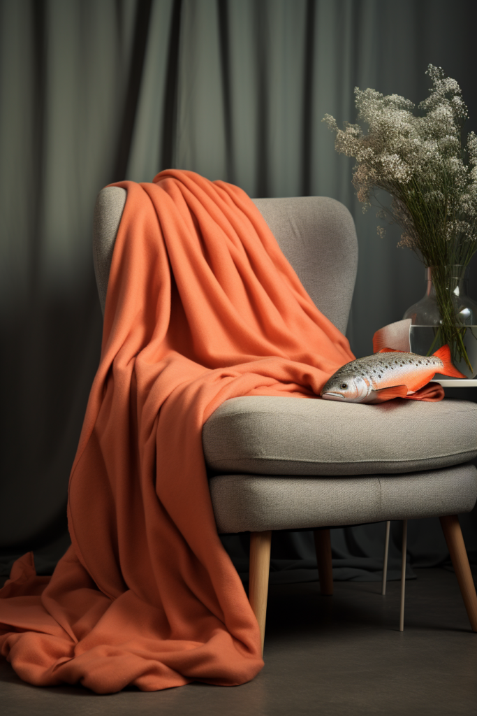 An orange blanket is sitting on a chair next to a vase, creating a harmonious display of three colors.