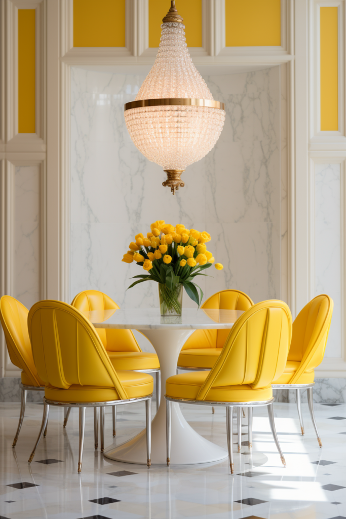 A dining room with a harmonizing triadic color scheme, featuring yellow chairs and a chandelier.