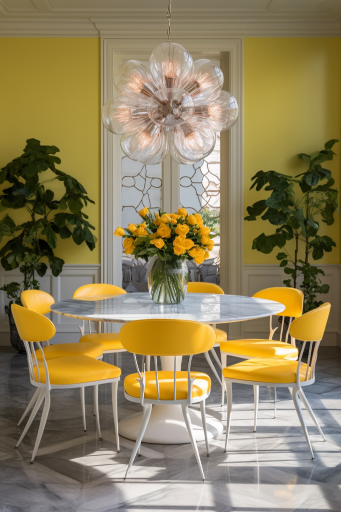 A dining room with triadic color schemes, featuring yellow walls and harmonizing yellow chairs.