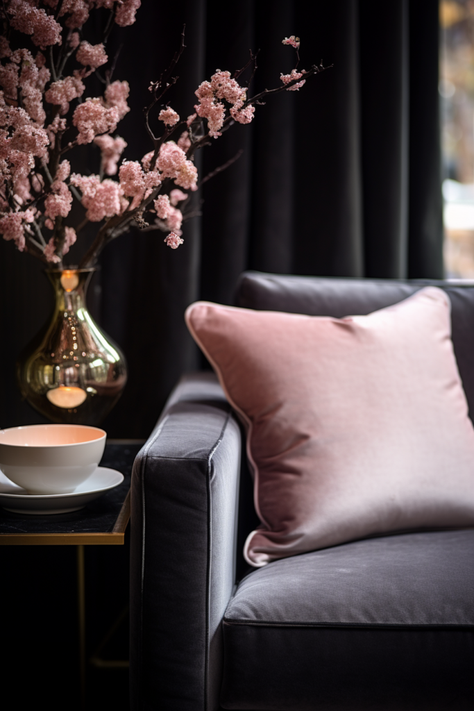 A grey couch with harmonizing pink pillows and a vase of flowers.
