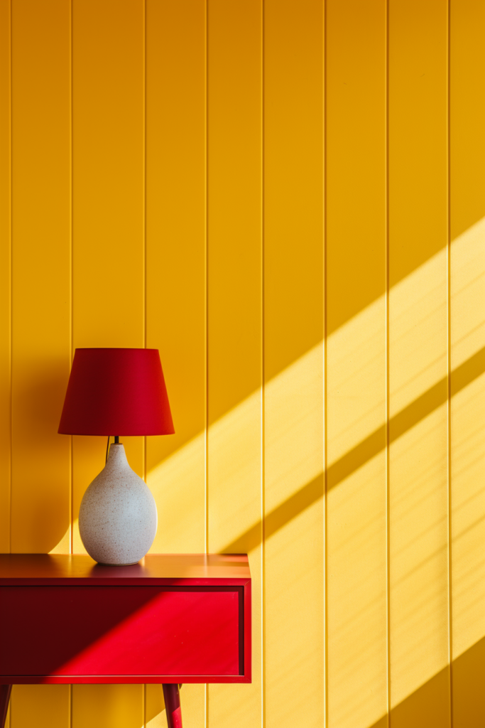 A lamp with a yellow base sits on a table next to a vibrant triadic color scheme displayed on the yellow wall nearby.