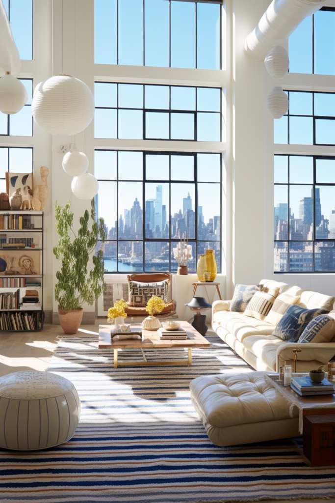 An oddly configured living room with large windows and a view of the city.
