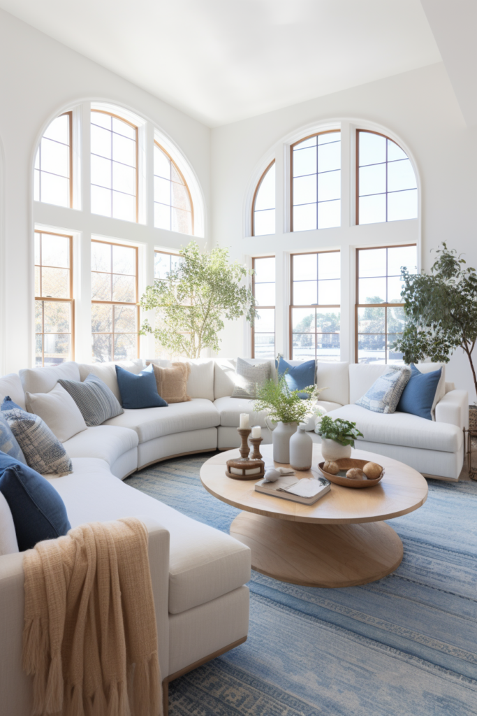 An oddly configured living room with white furniture and blue accents.