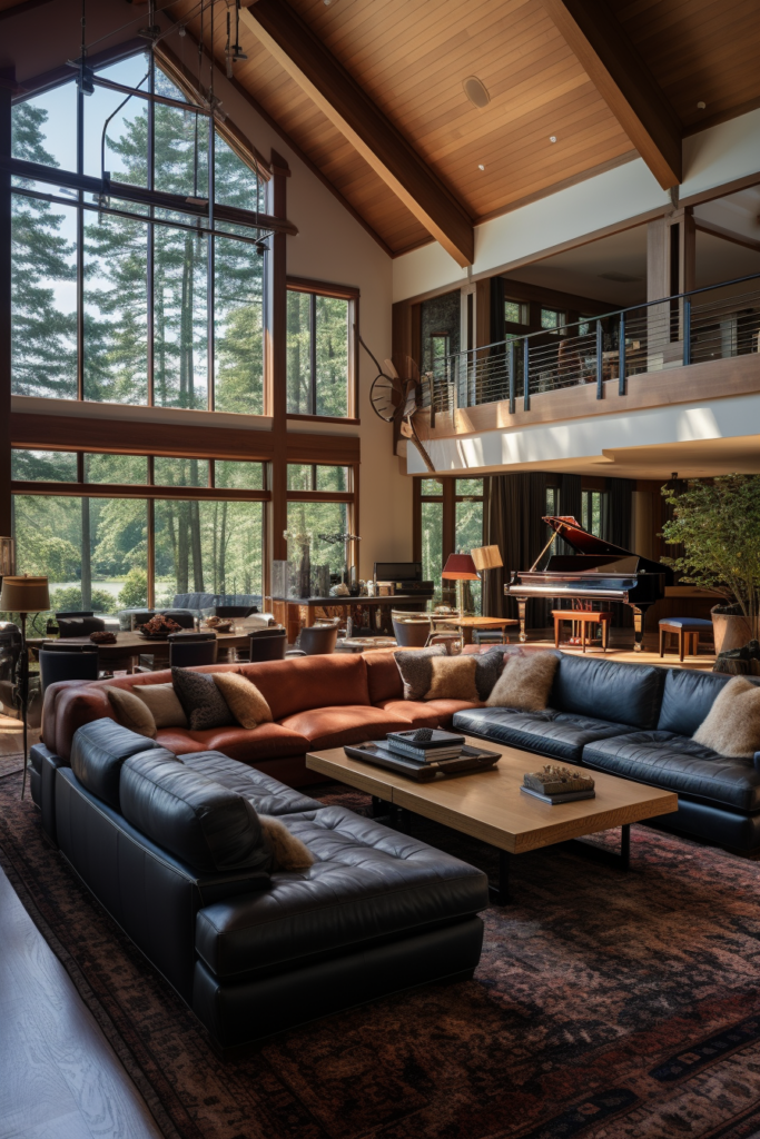 A large living room with a fireplace and large windows designed for an optimized traffic flow.