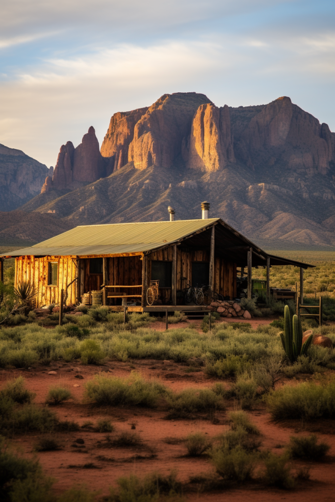 An innovative wooden cabin in the desert.