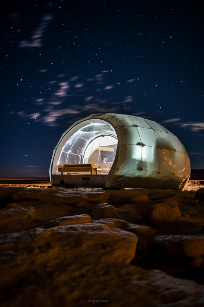 An innovative tent in the unique desert at night.