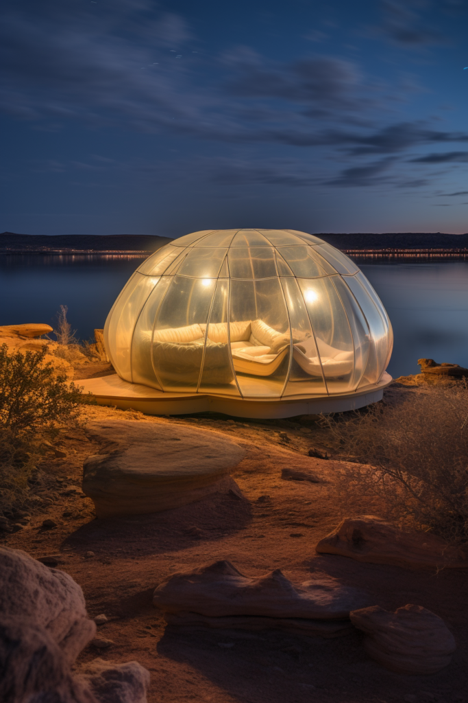 A breathless bed in a glass dome sitting on the sand, creating a unique and innovative dwelling.