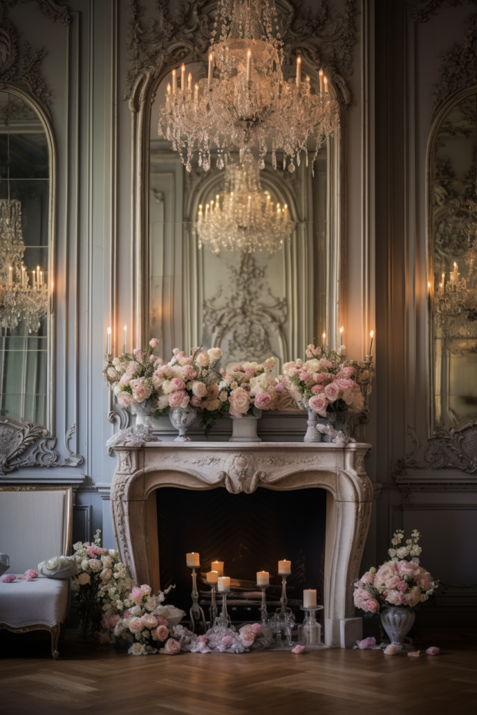 An ornate room with a fireplace, mirrors, and flowers