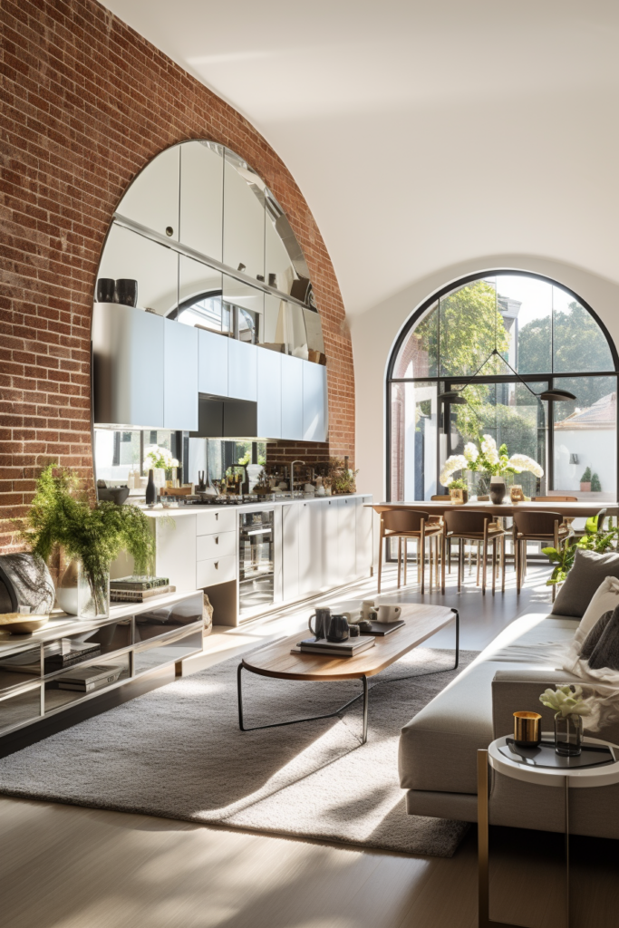 A creatively designed living room with arched windows and brick walls, utilizing mirrors to expand space.