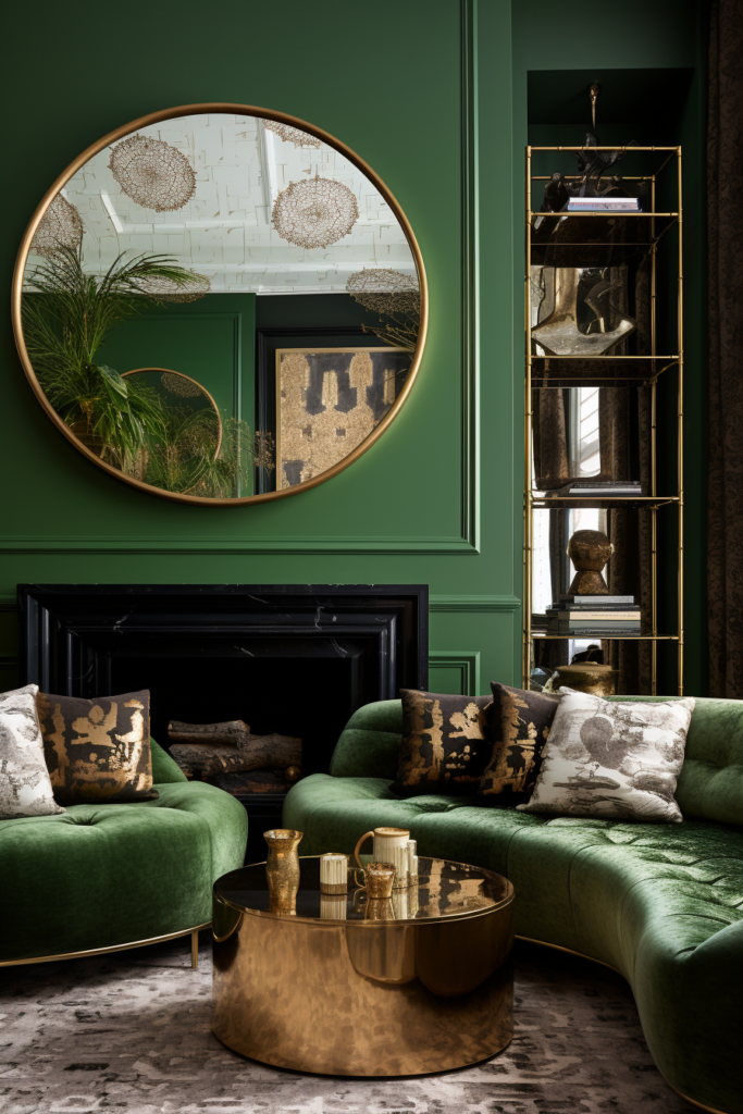A living room with green walls and gold accents that utilizes mirrors to expand space.