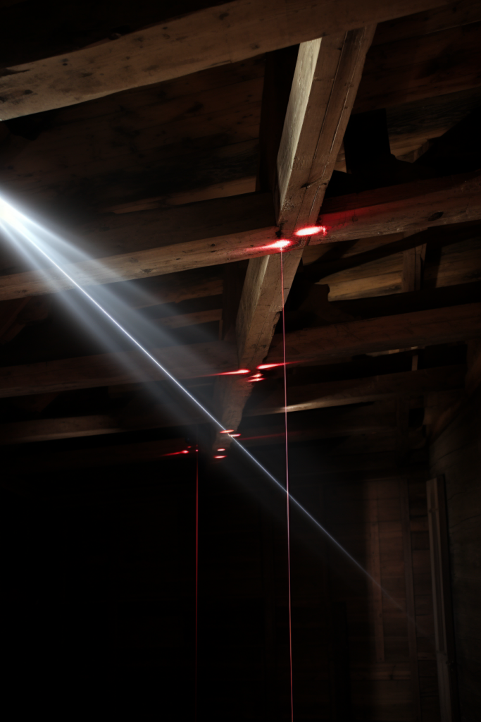 A beam of light emanating from a wooden pulley system for easy maintenance and access.