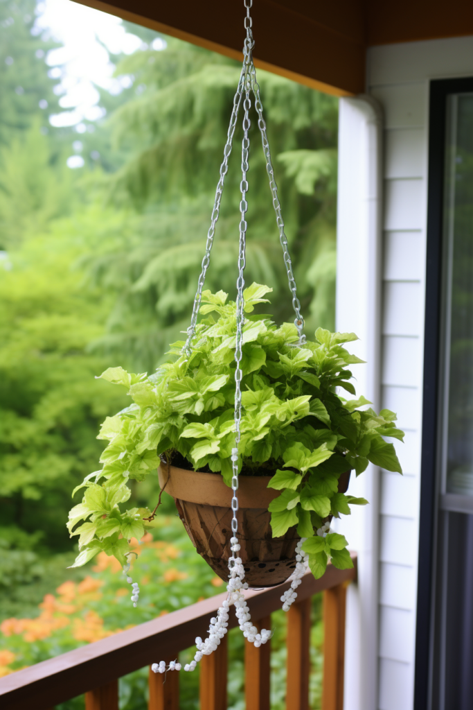 An easy access hanging planter on a porch with green plants.