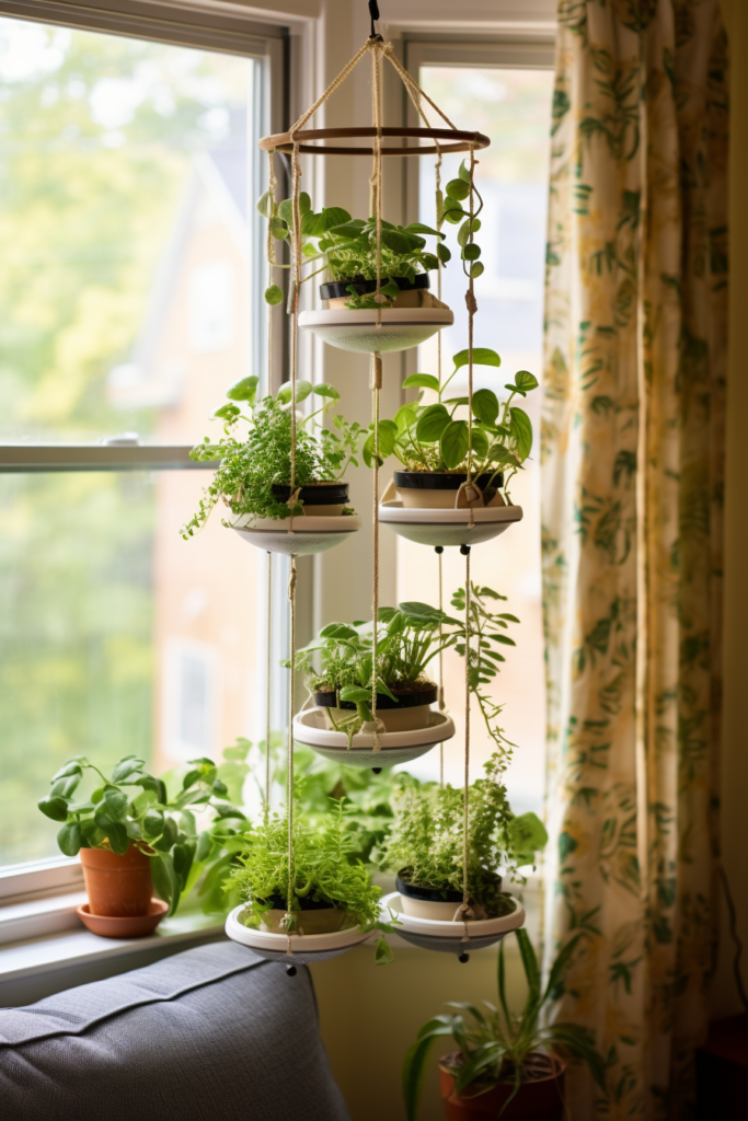 An Easy Access hanging herb garden in a window, perfect for low Maintenance.