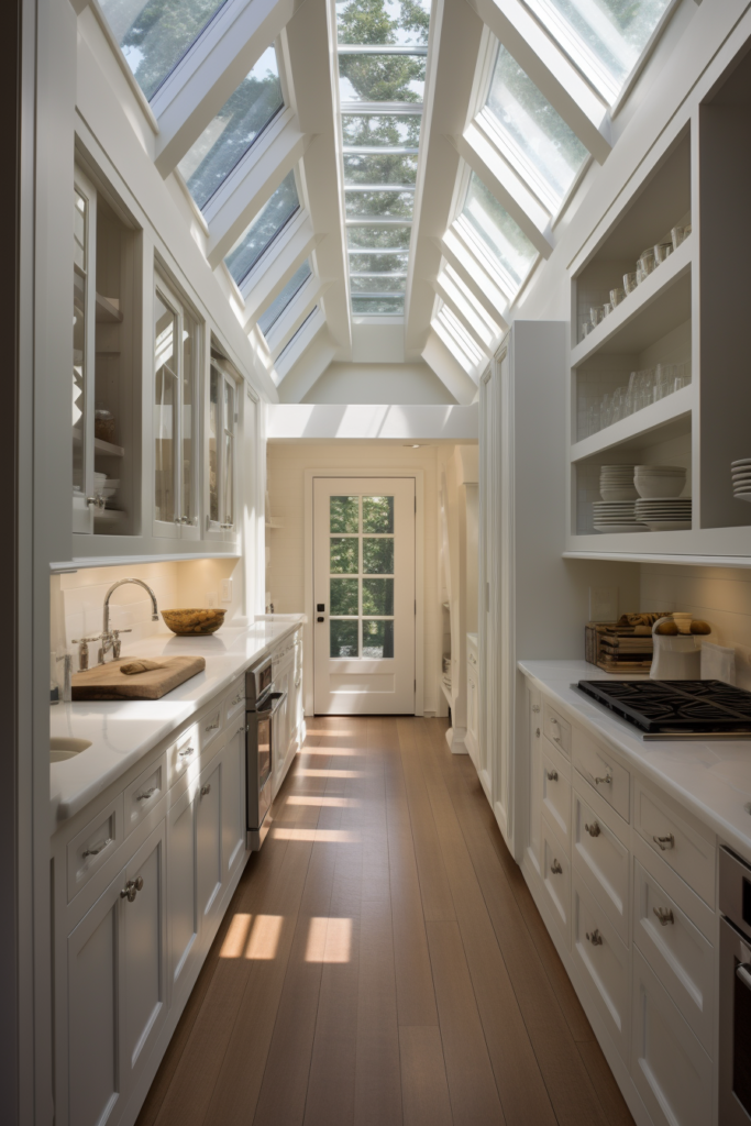 This white kitchen maximizes vertical space with the addition of a skylight, providing both natural light and an opportunity for unique decoration.