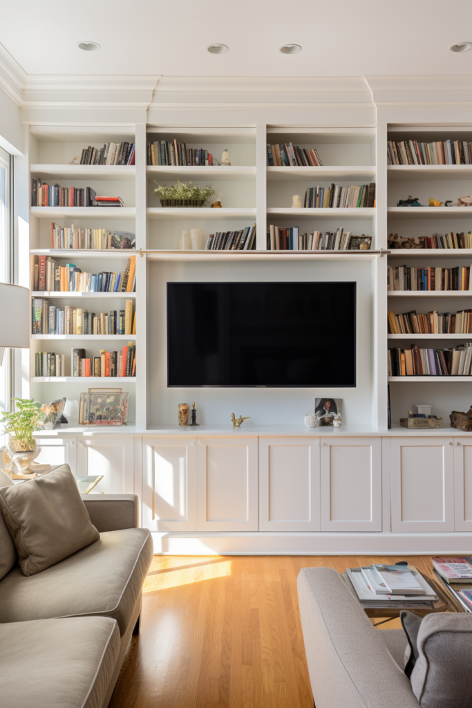 A living room with vertical bookshelves for storage and decoration, featuring a TV.