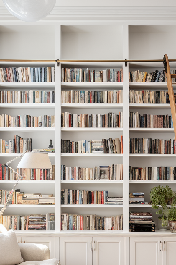 A white living room with vertical space storage through a ladder and bookshelves for decoration.