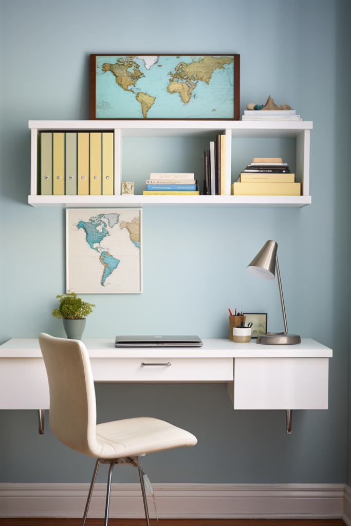 Utilizing vertical space, this white desk includes a chair and a map while also providing ample storage options.