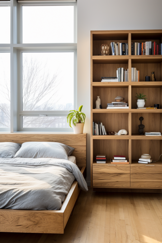 Utilizing vertical space for storage, this room features a bed and a bookcase.