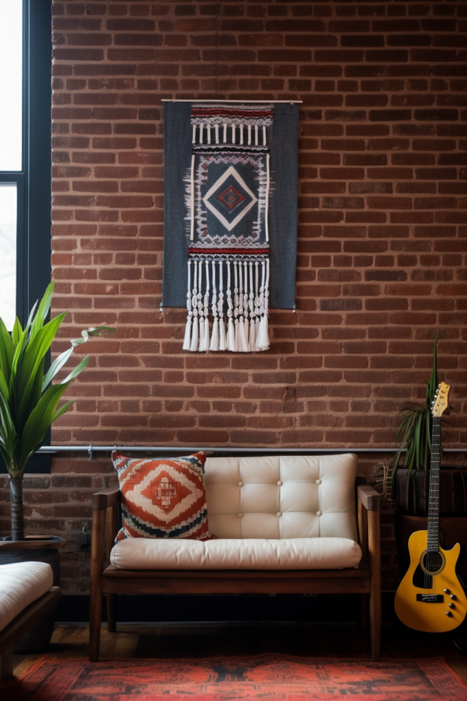 A living room utilizing vertical space with a guitar and a wall hanging.