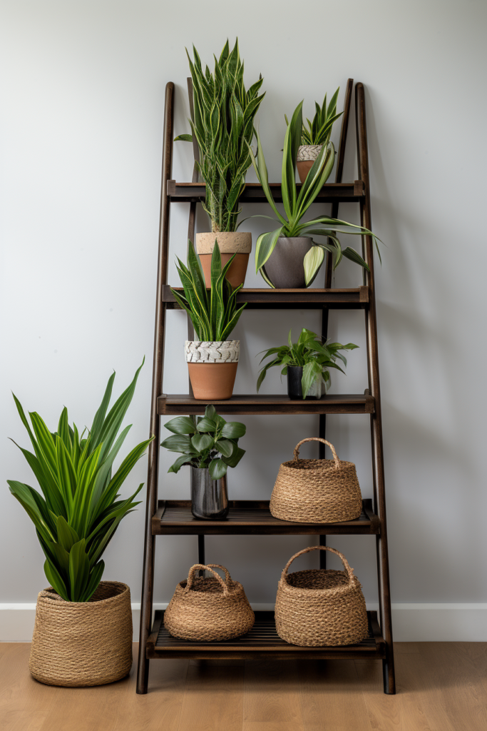 Utilizing vertical space, a wooden ladder provides storage for potted plants.