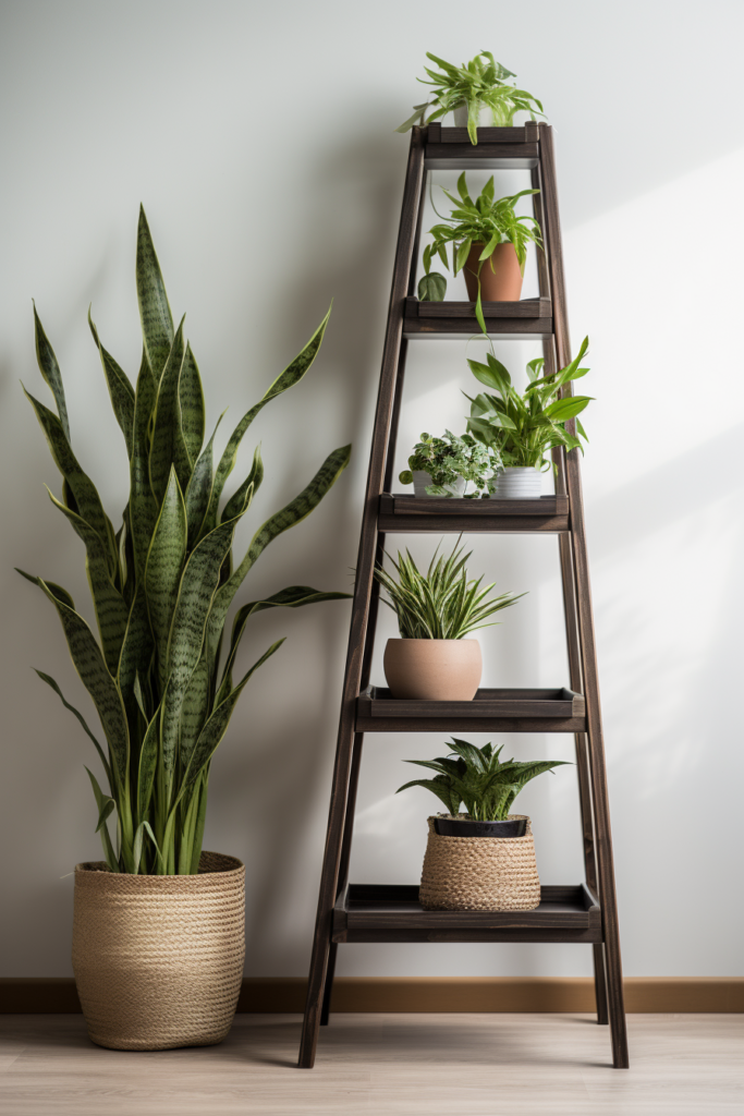 Utilizing vertical space, potted plants on a wooden ladder add a touch of greenery to a white wall.