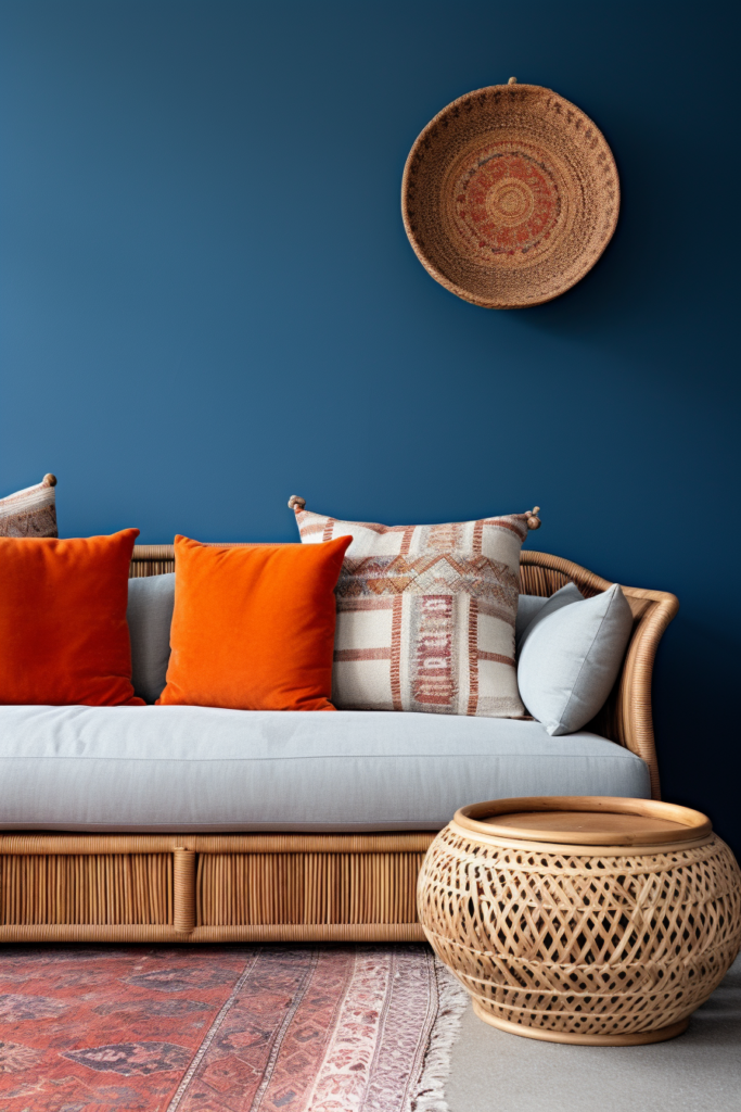 2024 Color Trends in Home Decor: Discover a captivating living room adorned with a trendy blue wall and complemented by a stylish wicker basket.