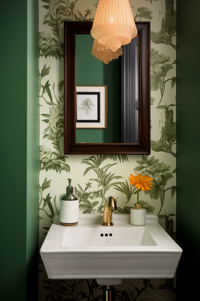 A bathroom with a trendy color scheme and stylish decor including a sink and a mirror.