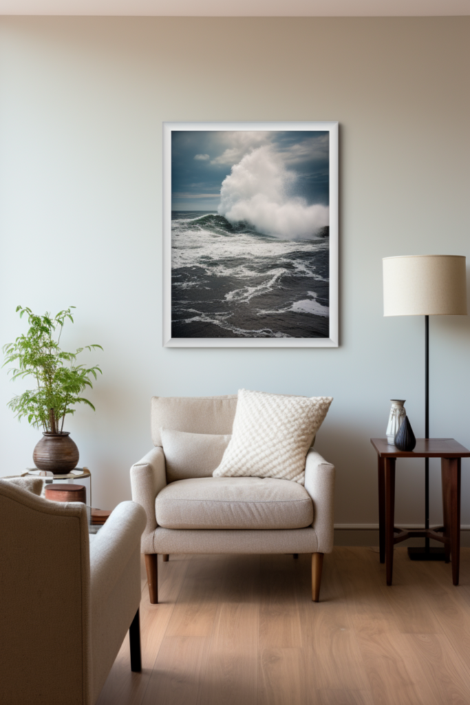 A Japanese-inspired living room with a large framed photo of a wave as wall art.